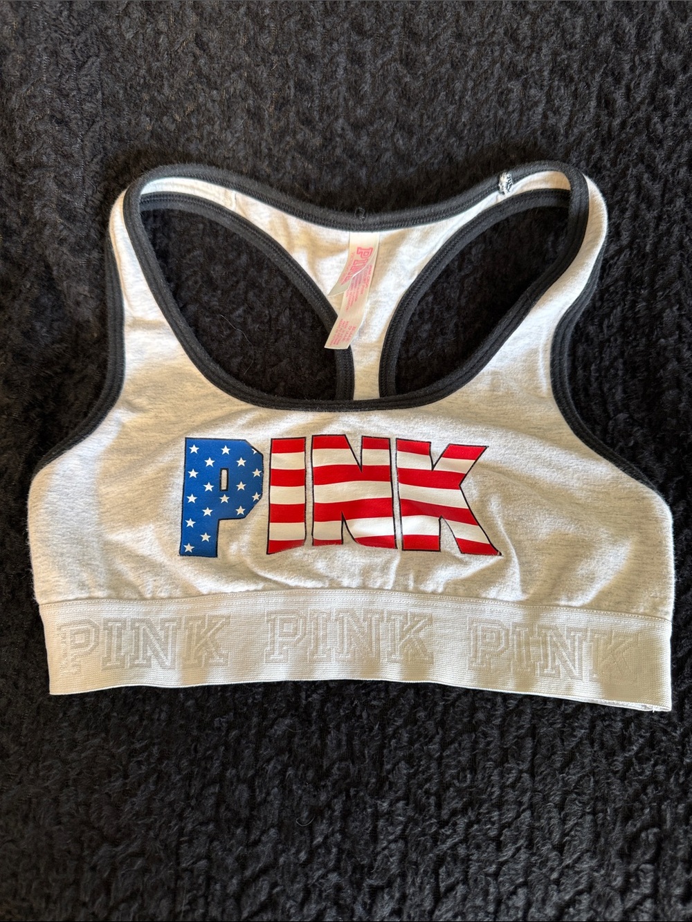 PINK Victoria's Secret Gray Sports Bra with American Flag Logo